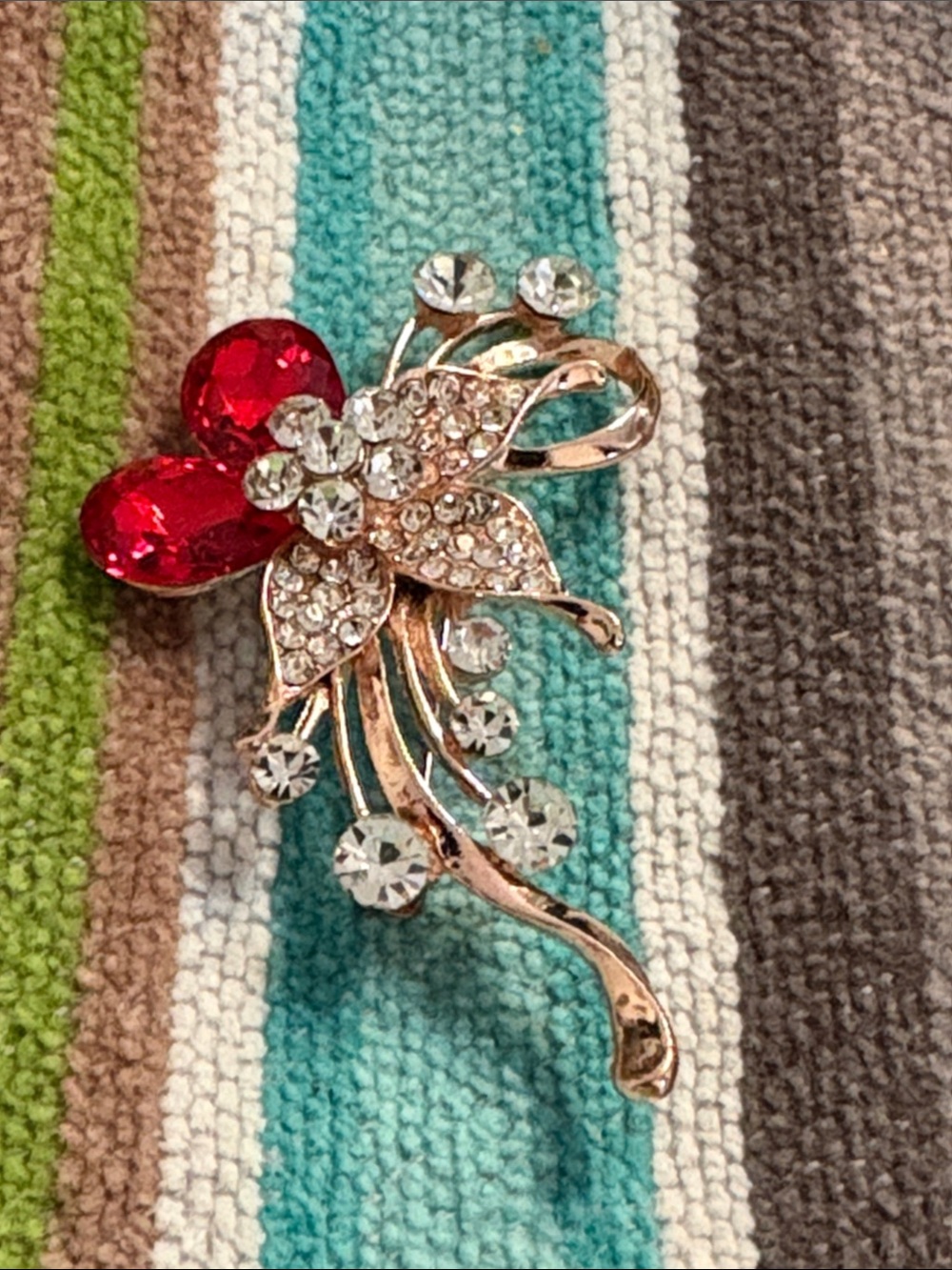 Red Crystal Floral Brooch with Clear Accents - Women Jewelry